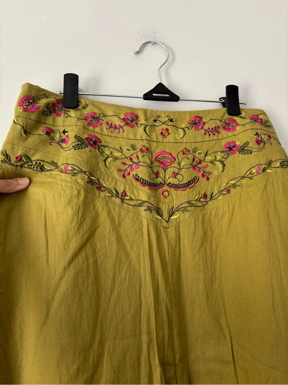 Y2K Fairycore Green Floral Pink Embroidered Cottagecore Midi Boho Skirt - Medium